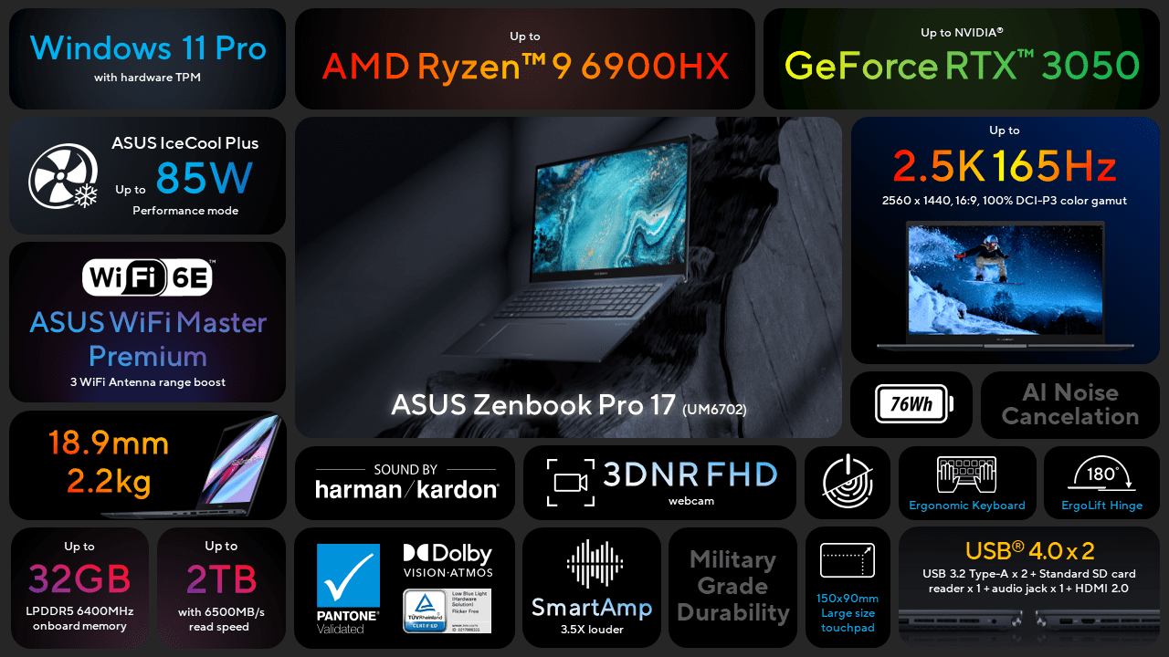 Laptop ASUS Zenbook Pro 17 WQHD 165Hz Touch AMD Ryzen 9 6900H 16GB Ram nVidia RTX 3050 1TB SSD Win11 | ALIENSTORE