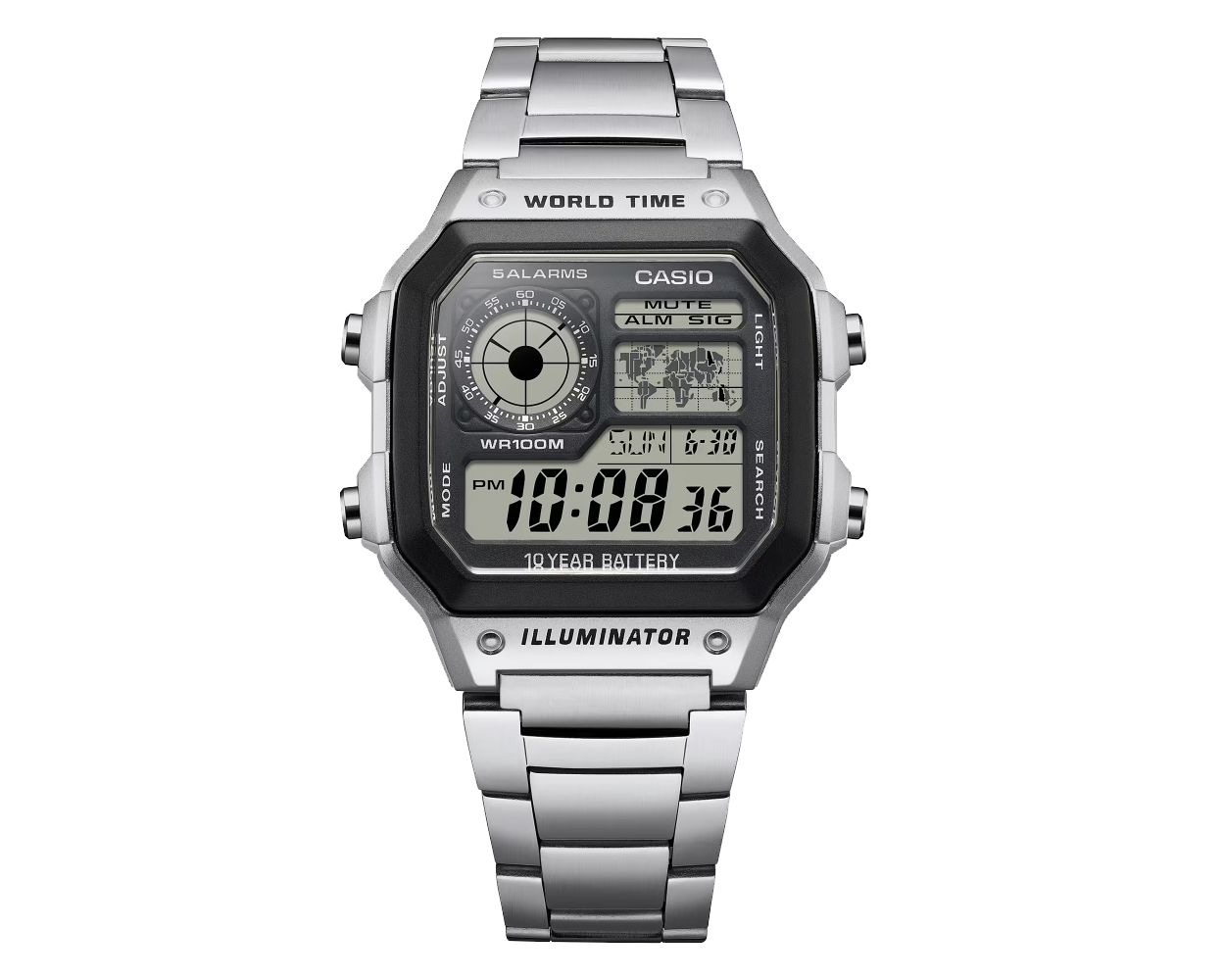 Ceas Digital Casio 100M Apa Multi-Alarms World Map Time LED Light Analog Display 10 Ani Baterie
