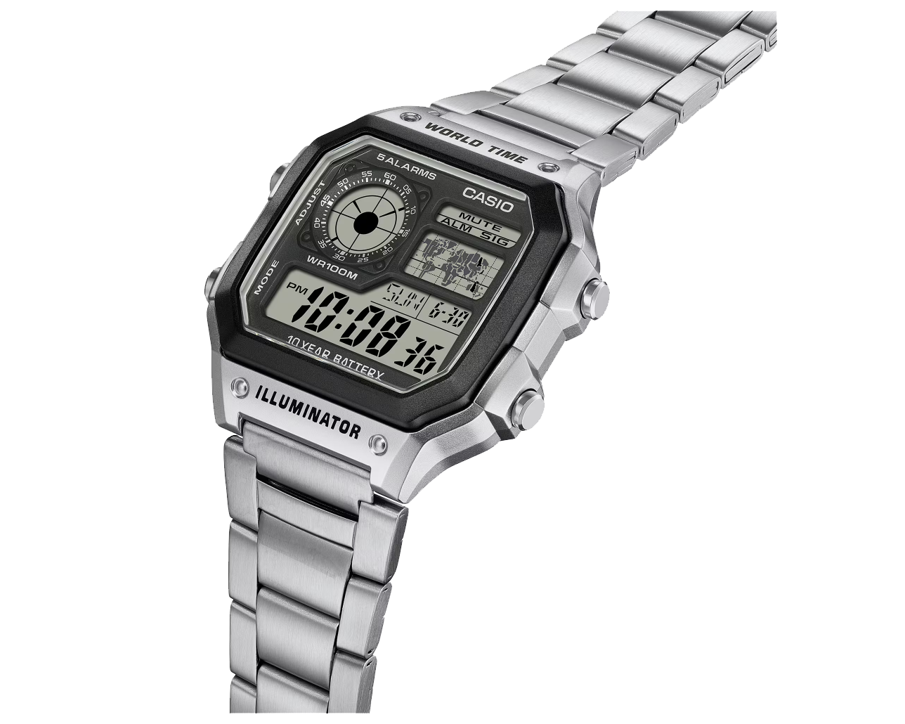 Ceas Digital Casio 100M Apa Multi-Alarms World Map Time LED Light Analog Display 10 Ani Baterie