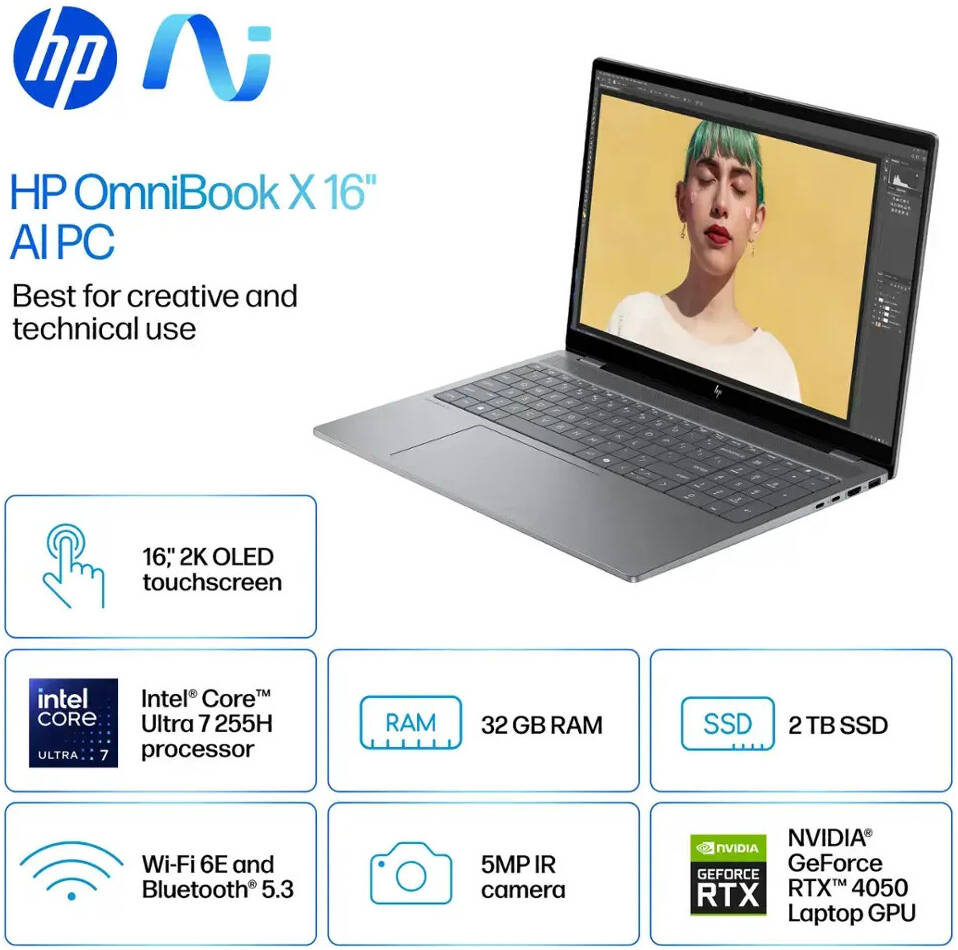 Laptop HP Envy OmniBook X 16" 2K OLED 120Hz Intel Ultra 7 255H 32GB Ram Nvidia RTX 4050 2TB SSD Win11