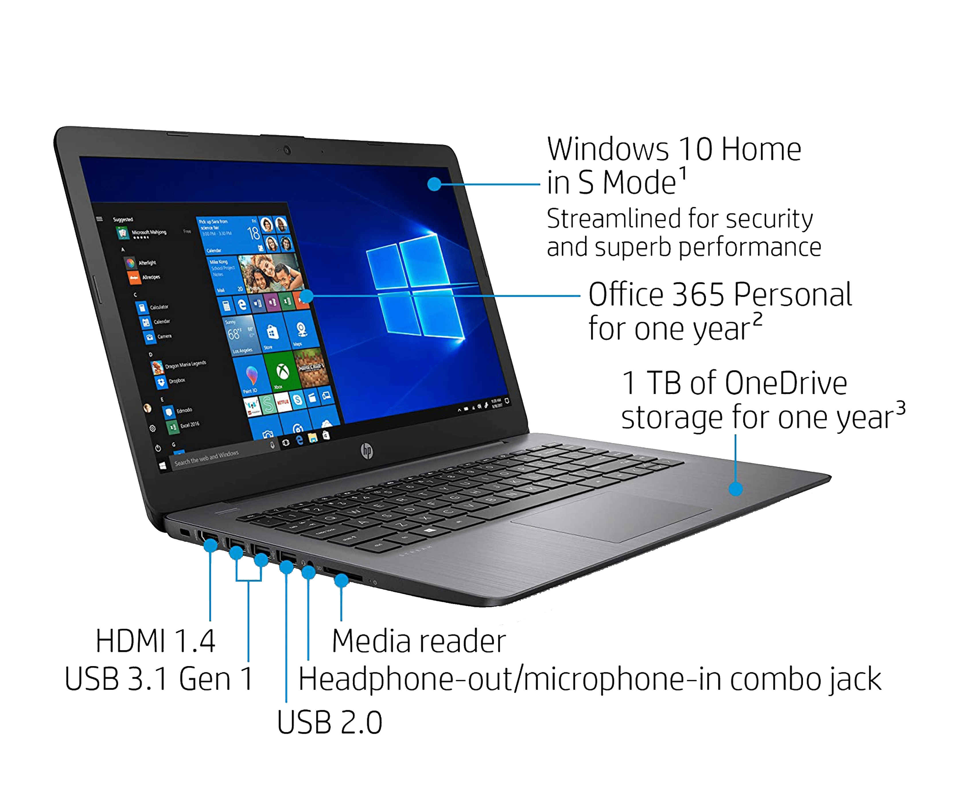 Laptop HP Stream 14" HD Intel Celeron N4000 4GB 64GB Windows 10 Office 365 Black