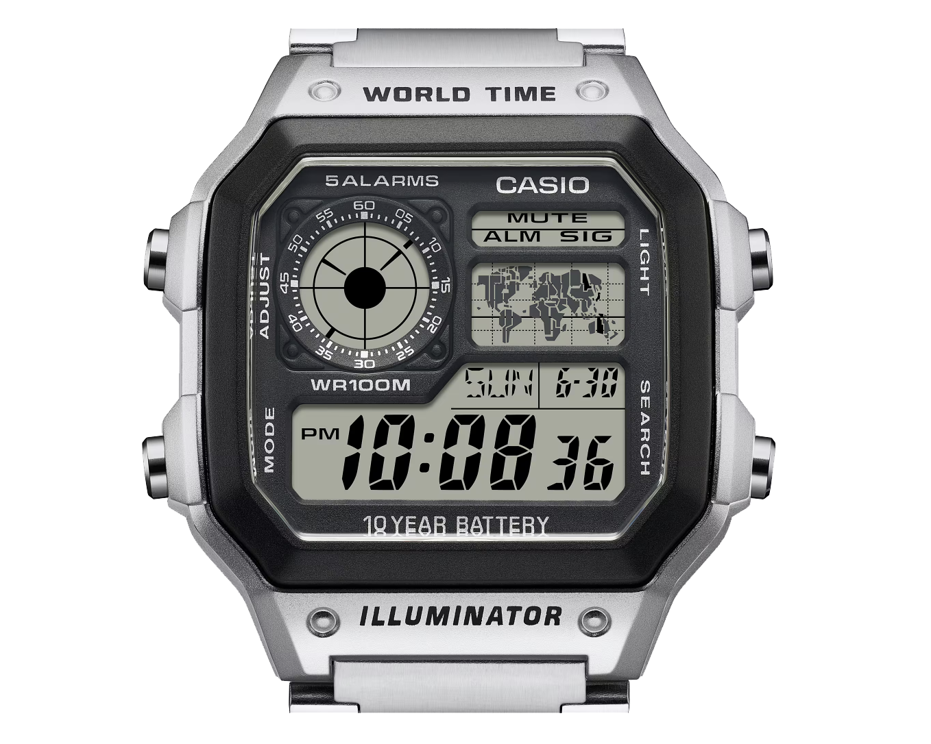 Ceas Digital Casio 100M Apa Multi-Alarms World Map Time LED Light Analog Display 10 Ani Baterie