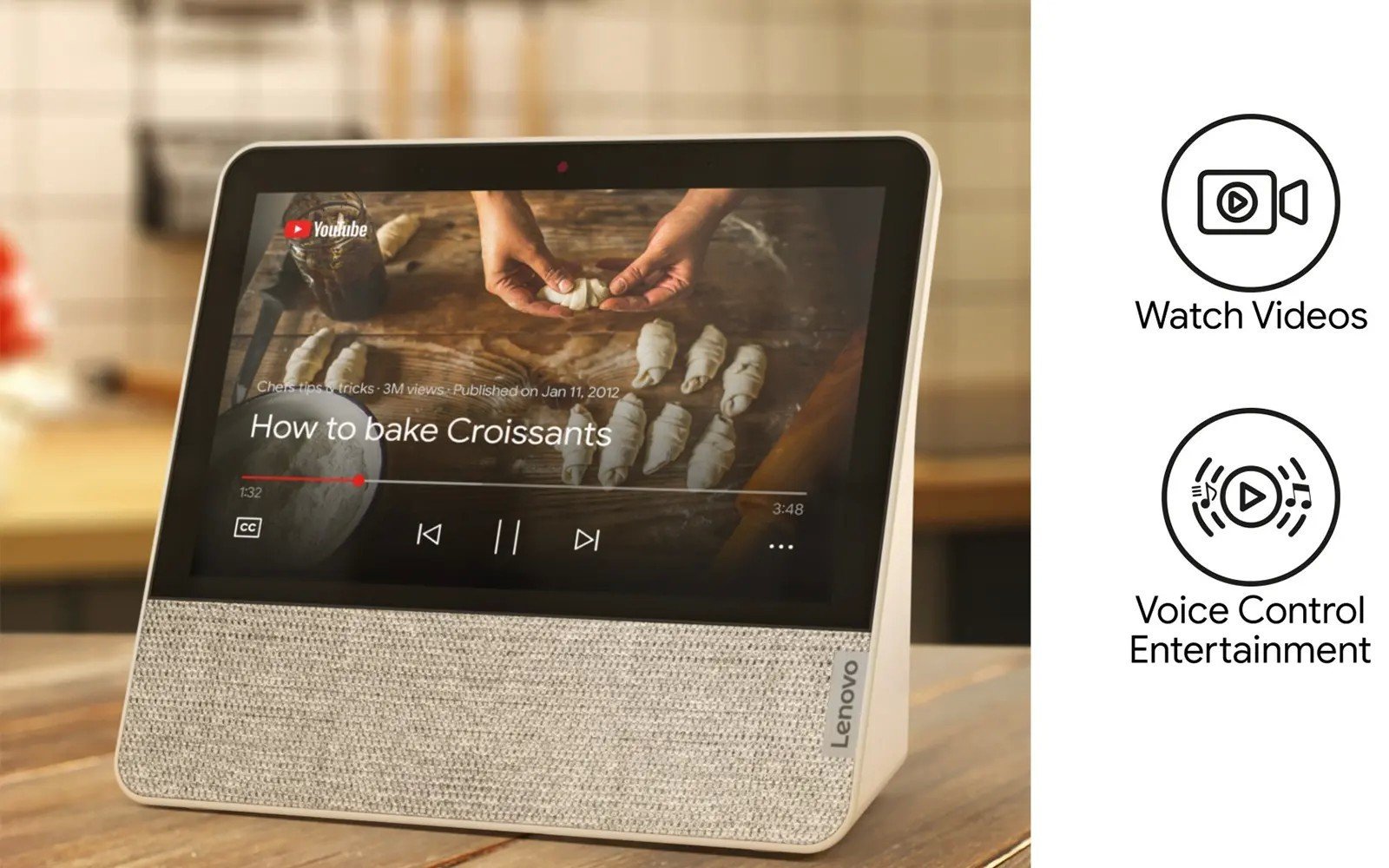 Ceas inteligent Lenovo Smart Display 7" cu comenzi vocale Google Assistant
